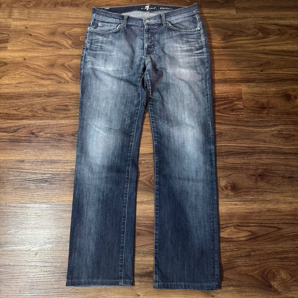 7 For All Mankind Standard Straight Fit Fly Button Blue Denim Jeans Mens Size 33